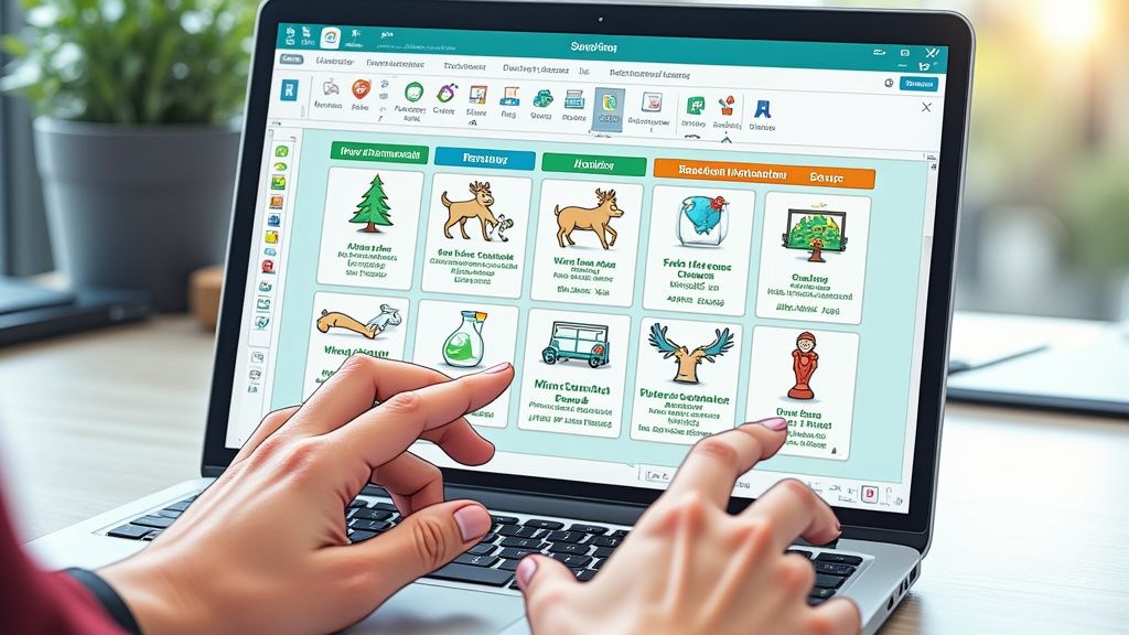 A person at a desk looking at a computer screen showing a colourful staff holiday planner dashboard.