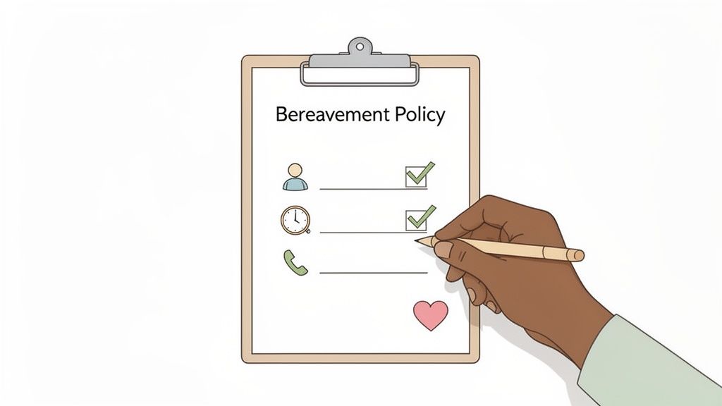 A hand holding a pencil marks items on a 'Bereavement Policy' document, with two items already checked.