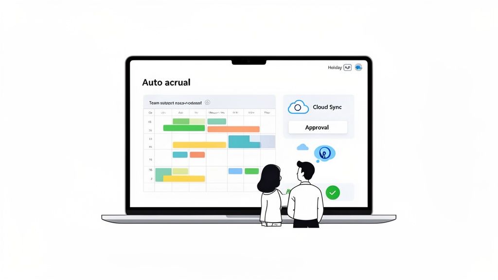 Cartoon people view a laptop displaying business software with auto accrual, cloud sync, and approval features.