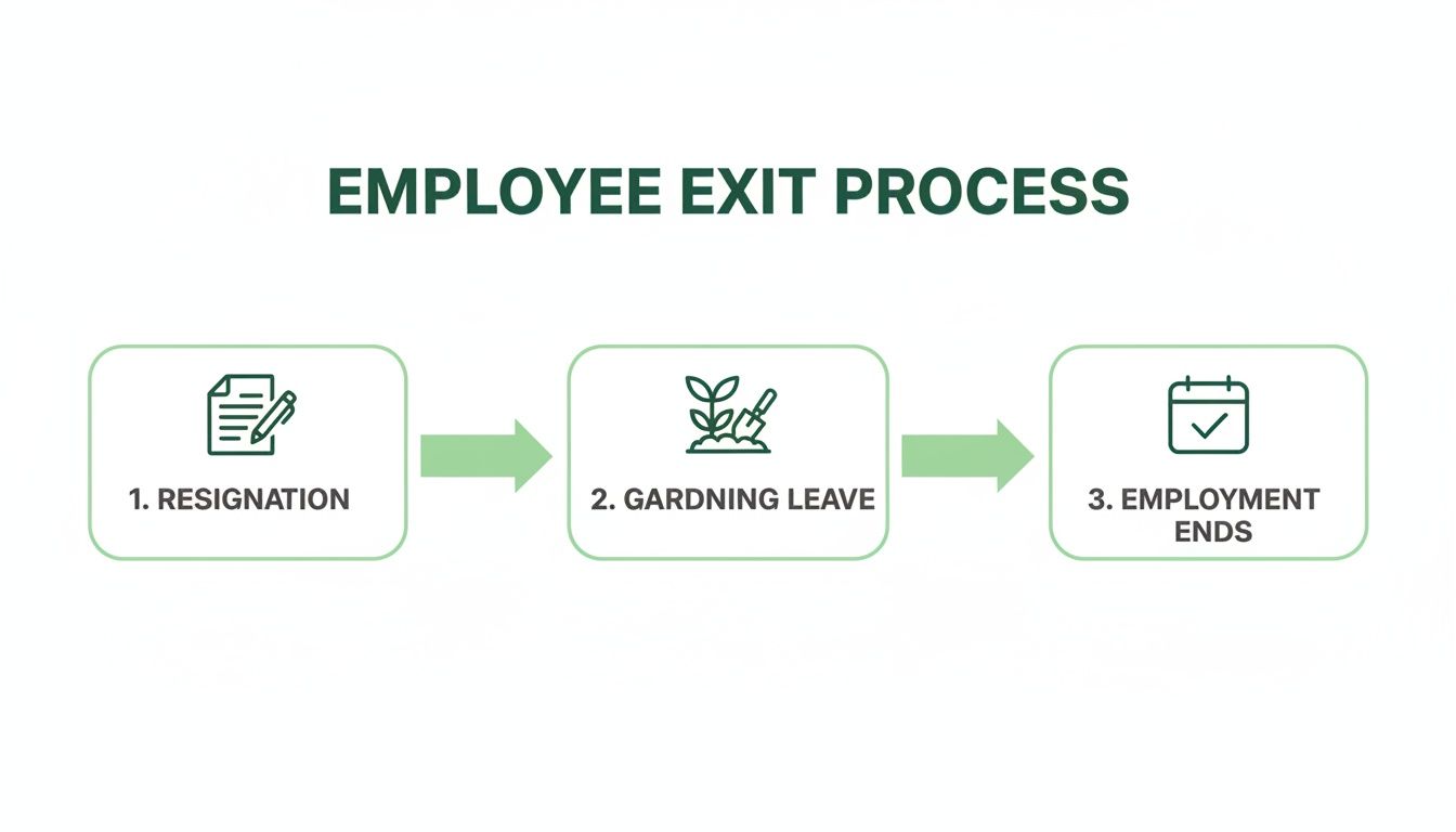 Flowchart depicting the employee exit process, including resignation, gardening leave, and employment ending.