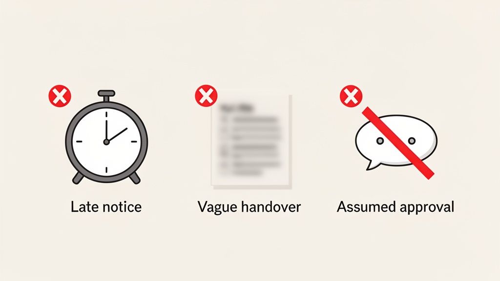 Three red X icons next to illustrations representing late notice, vague handovers, and assumed approvals, highlighting poor communication practices.