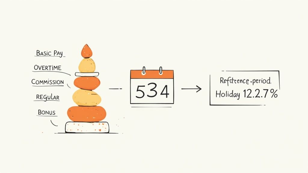 Stacked pay components including basic, overtime, commission, regular, and bonus, linked to a calendar and holiday pay percentage.