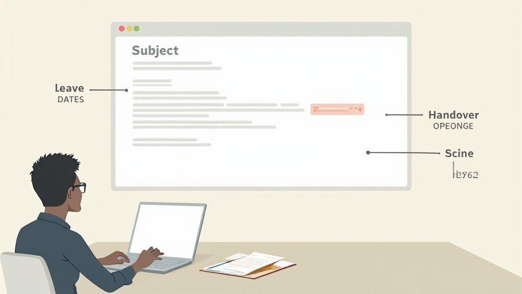 A person types an email on a laptop, displaying a leave request with 'Leave DATES' and 'Handover' details.