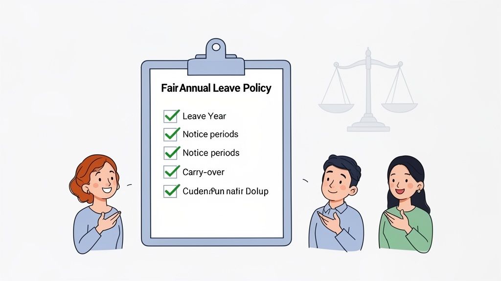 A cartoon image showing a clipboard with 'Fair Annual Leave Policy' and a checklist, flanked by three people and scales of justice.