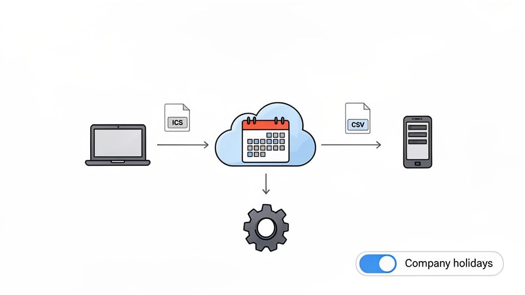 Diagram showing company holiday synchronization: ICS file from laptop to cloud calendar, then CSV to smartphone with processing.