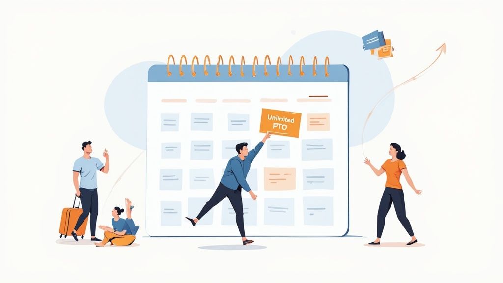 People planning holidays and managing 'Unlimited PTO' on a large calendar, symbolizing flexible leave.