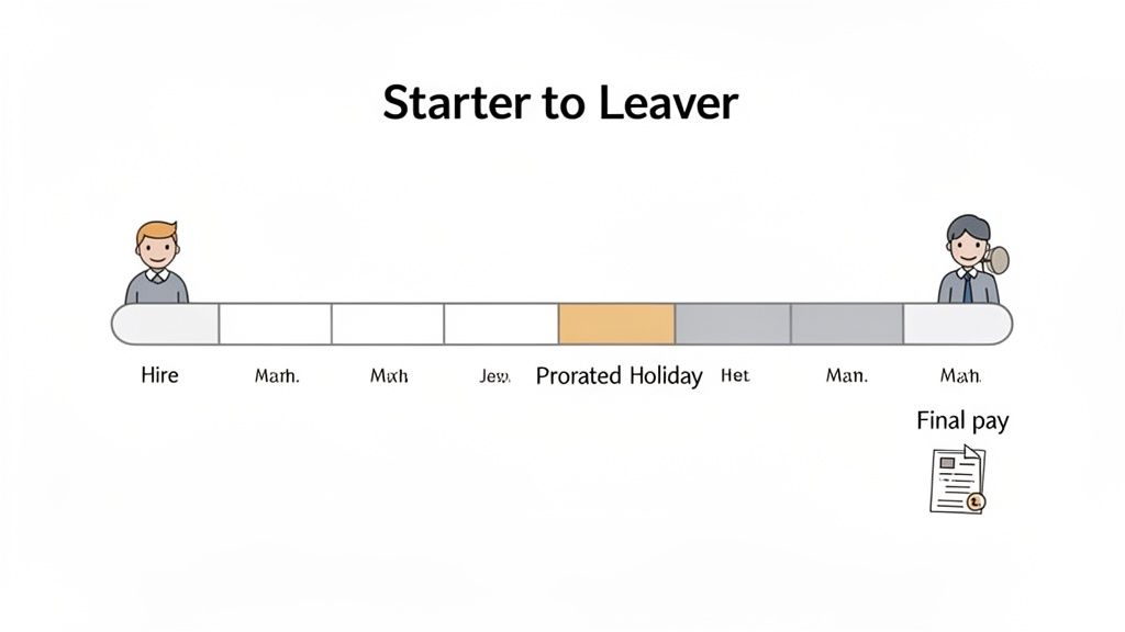 Timeline illustrating an employee's journey from hire to leaving, featuring prorated holiday and final pay.