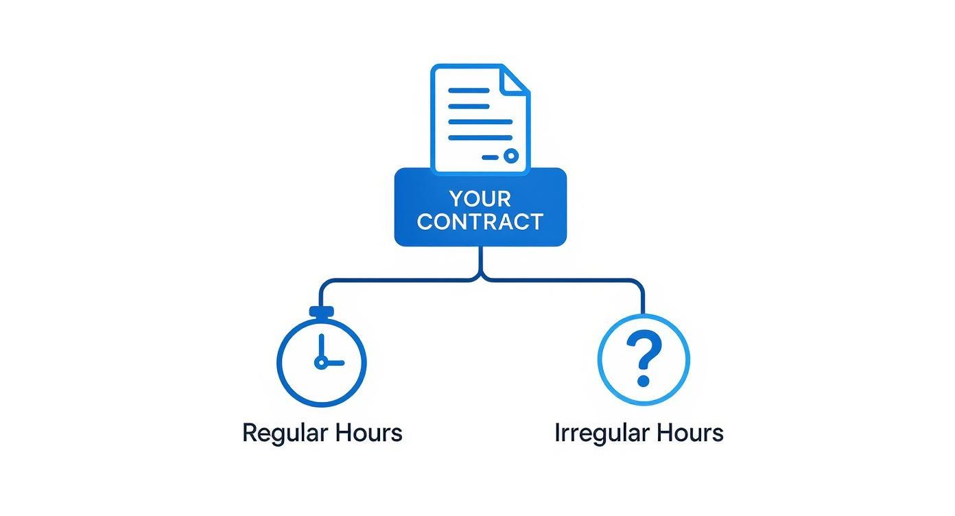 Diagram showing 'Your Contract' leading to two options: 'Regular Hours' with a clock and 'Irregular Hours' with a question mark.