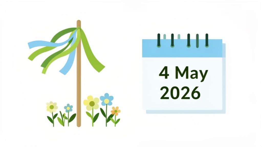 An illustration of a festive maypole with ribbons and flowers beside a calendar showing 4 May 2026.