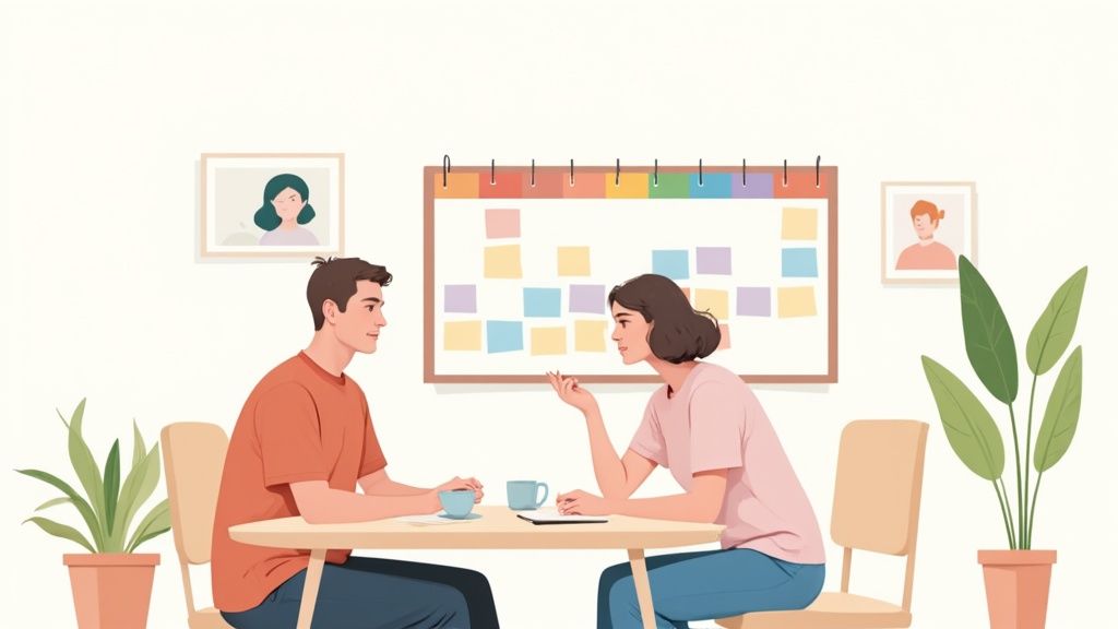 Two colleagues discuss ideas at a table with sticky notes on a board in the background.