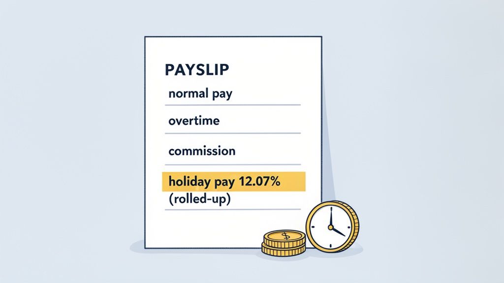A payslip showing normal pay, overtime, commission, and highlighted holiday pay (12.07% rolled-up).