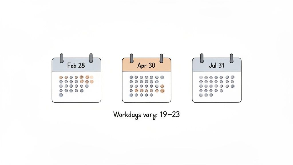 Three calendar pages illustrating different numbers of workdays (grey) and non-workdays (orange) per month.