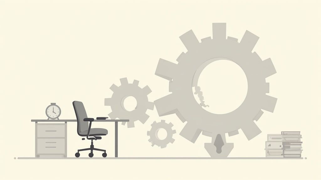 A concerned manager looking at an empty desk in a modern office