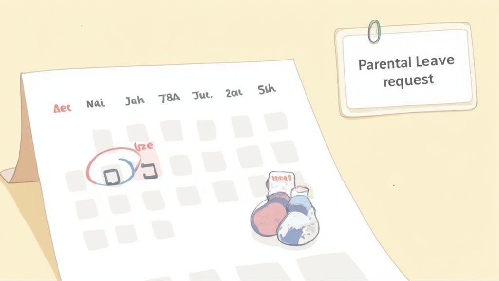 Calendar showing circled dates with baby shoes and parental leave request note for planning