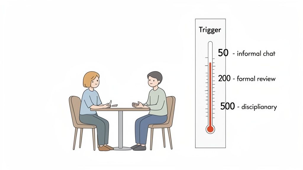 Two people converse at a table, beside a 'Trigger' thermometer indicating levels for informal chat to disciplinary action.