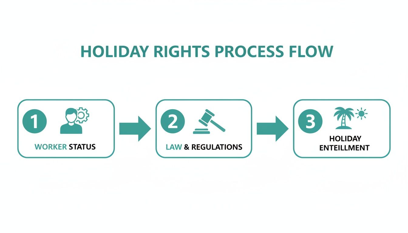 Process flow diagram illustrating three steps to determine holiday rights: worker status, law, and entitlement.