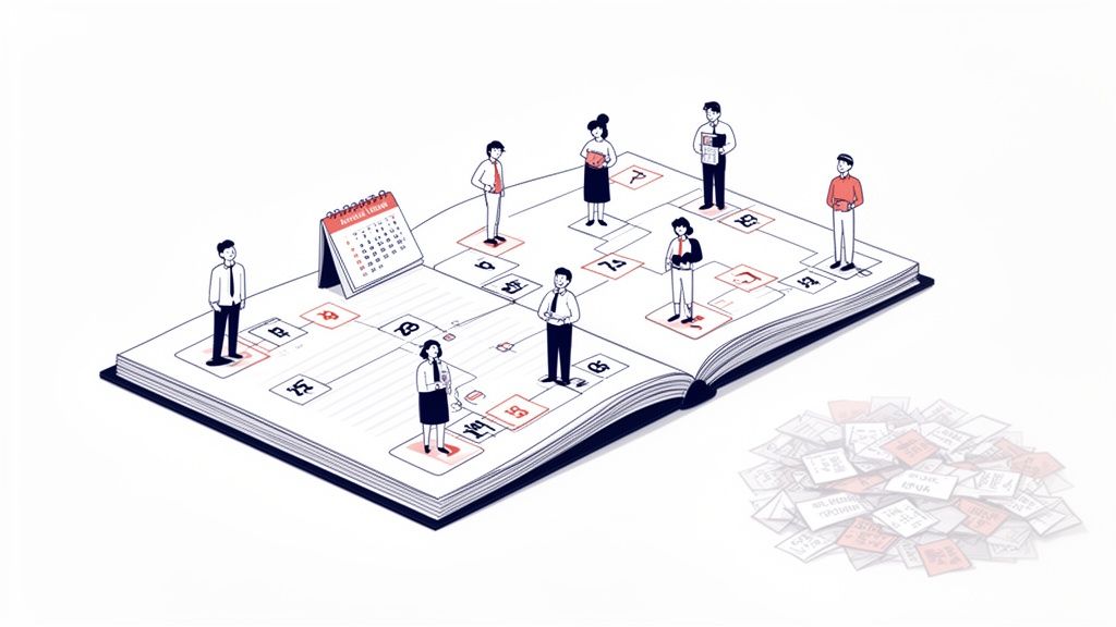 Illustration of professionals navigating a giant calendar book with tasks and a pile of papers.