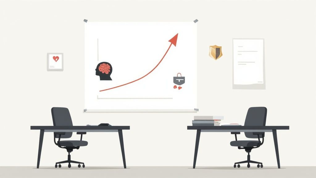 A minimalist office with two desks and chairs, featuring a graph on the wall depicting improved mental capacity leading to success.