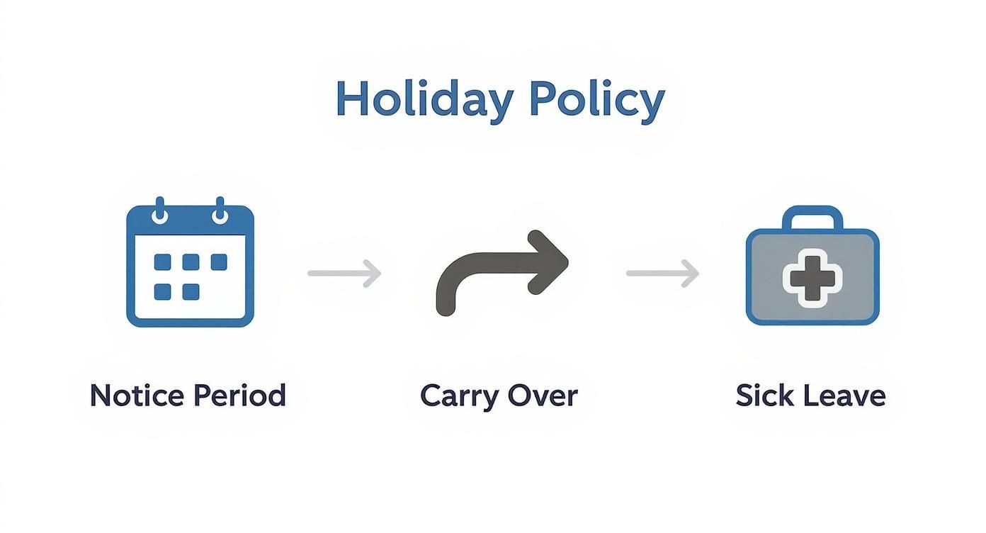 Infographic showing icons for holiday policy elements: notice period, carry over, and sick leave.