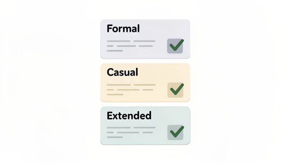 Three stacked cards presenting 'Formal', 'Casual', and 'Extended' options, each with a green checkmark.
