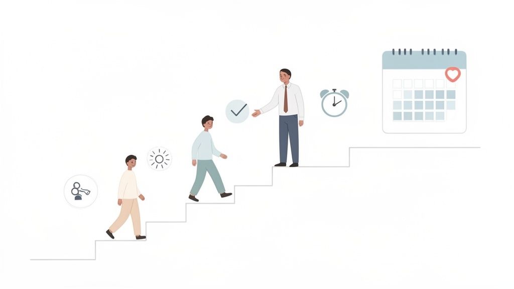 Illustrating a journey of personal or career growth with key milestones, mentorship, and time management.