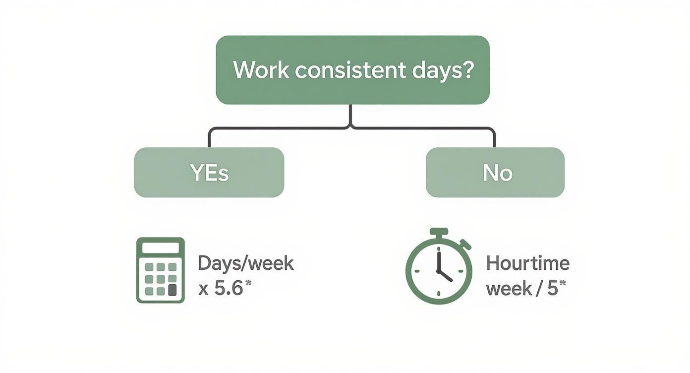 An infographic decision tree showing how to calculate holiday entitlement for workers with consistent versus inconsistent schedules.