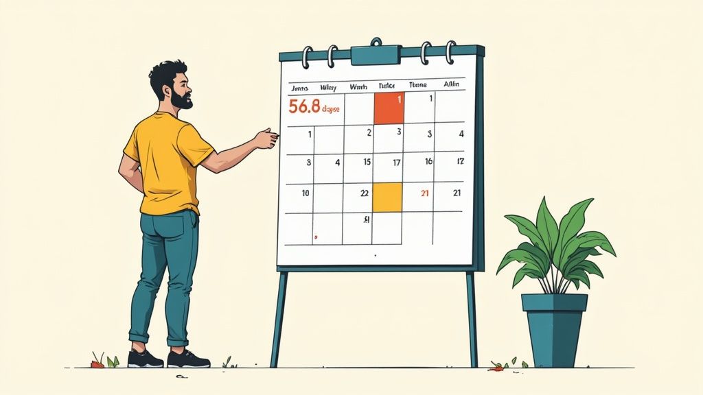A person using a calculator with a calendar in the background
