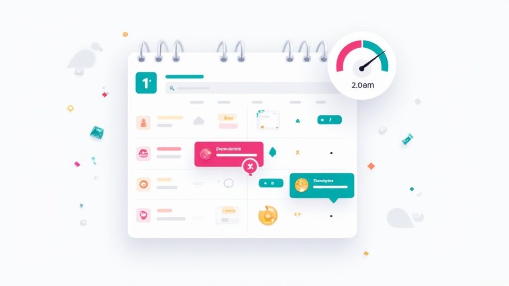 A digital calendar or planner interface displaying tasks, events, and a clock showing 2.0 am.