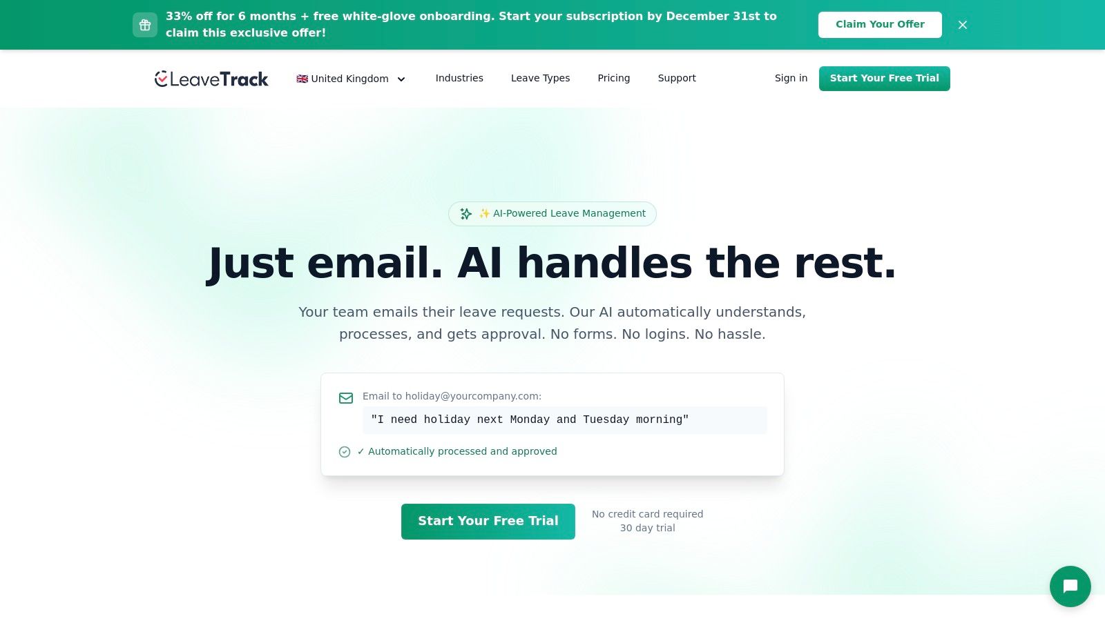 Leavetrack AI-powered leave management dashboard showing an employee's profile and leave history.