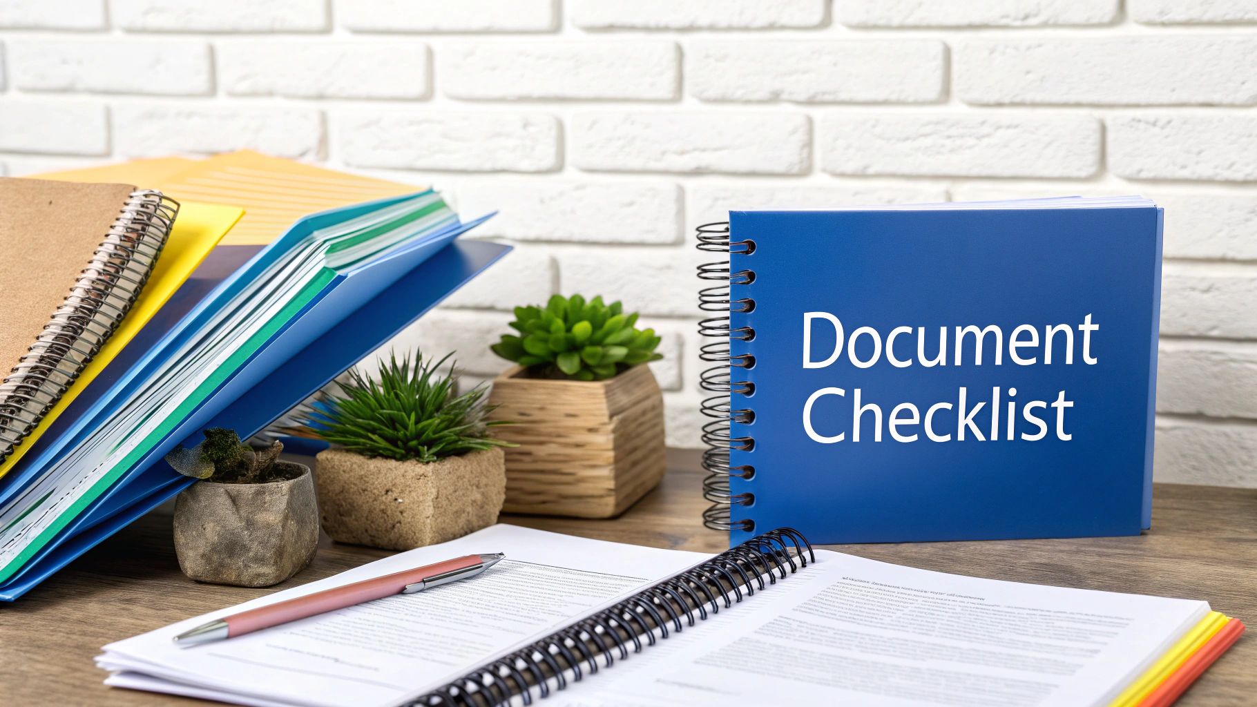 A neatstack of documents and a pen on a desk, ready for submission.