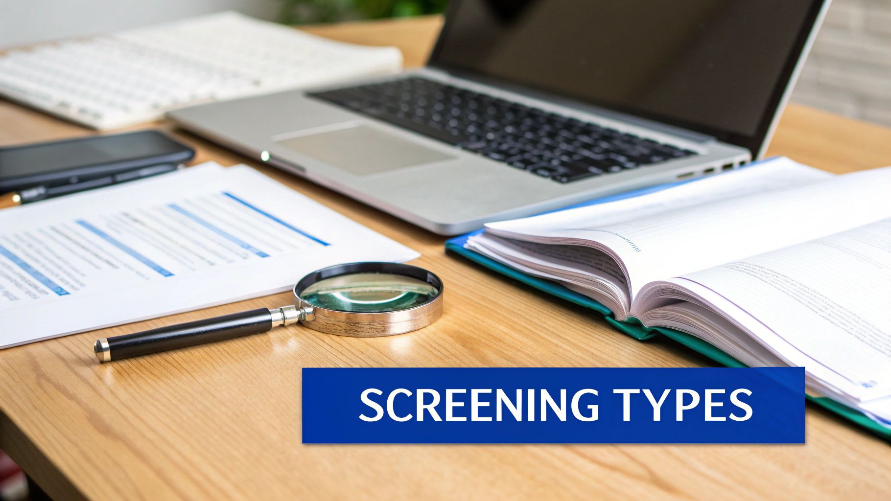 A magnifying glass hovering over different puzzle pieces, each representing a different type of background check.