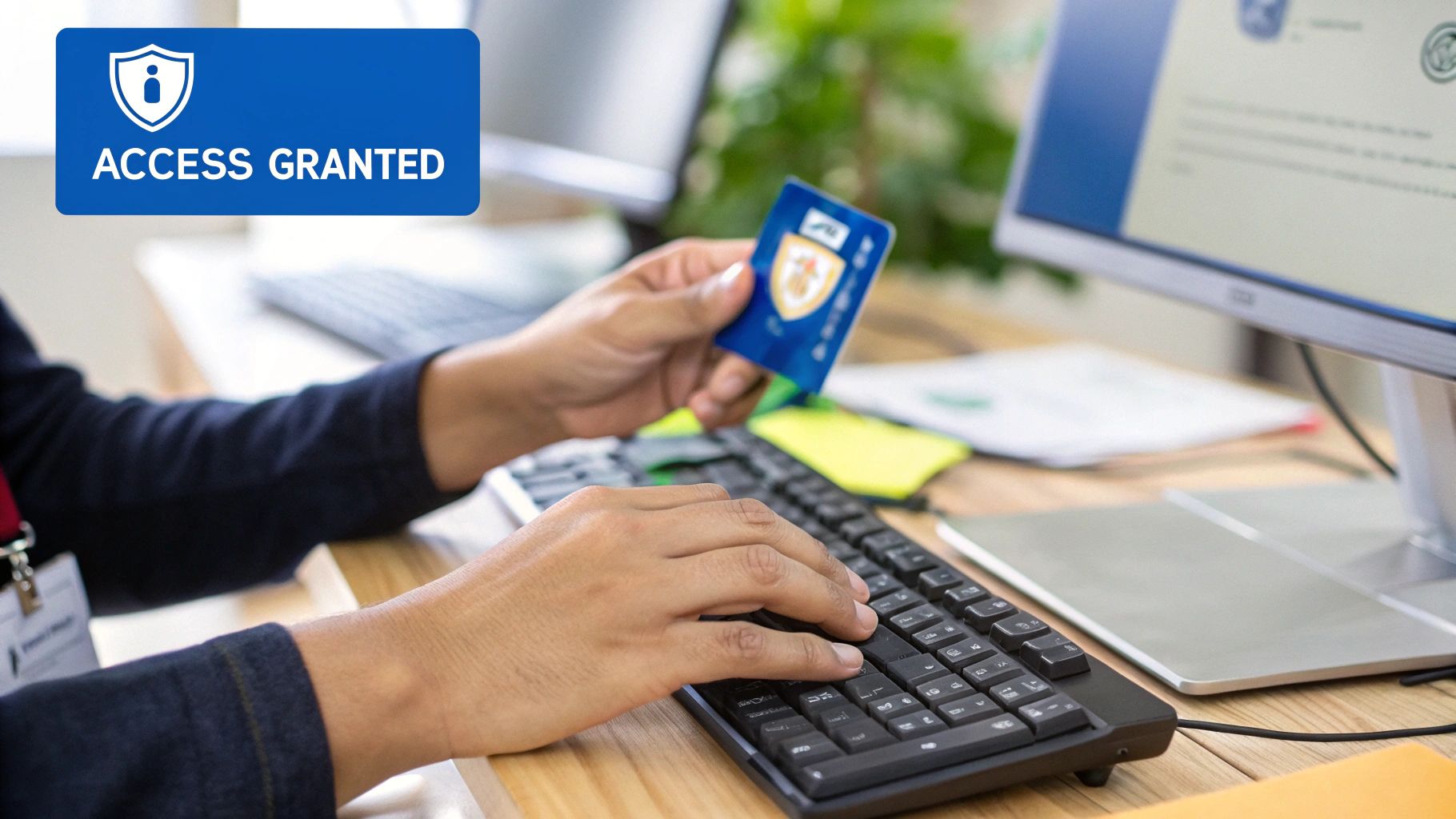 An IT professional setting up a laptop and other tech equipment in a modern office, signifying the preparation for a new employee's arrival.