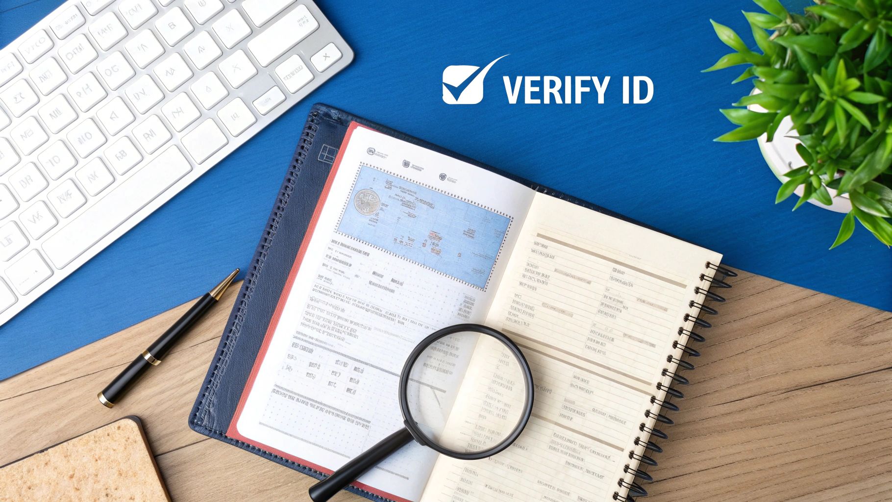 A close-up of a scanner capturing a passport page on a table, featuring a text block with 'Scan Passport' positioned in the lower third on a solid background block