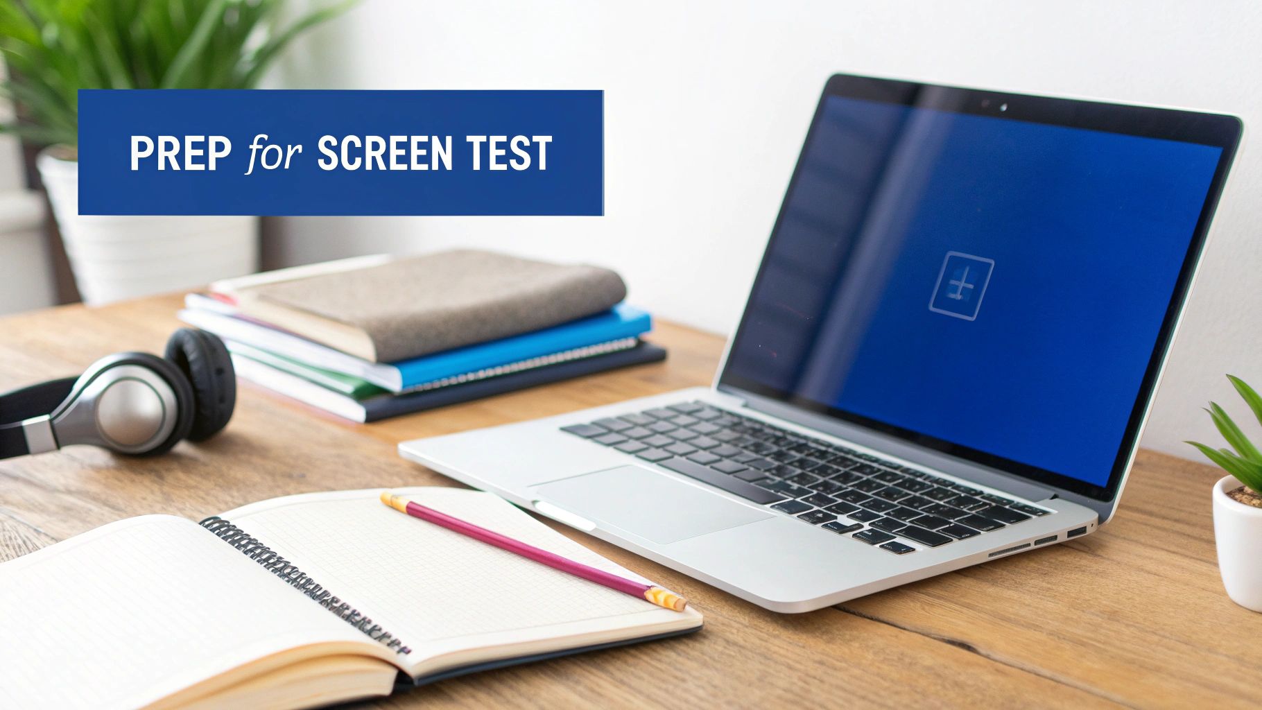 A person preparing for a test at a clean desk with a laptop, notebook, and coffee, looking determined.