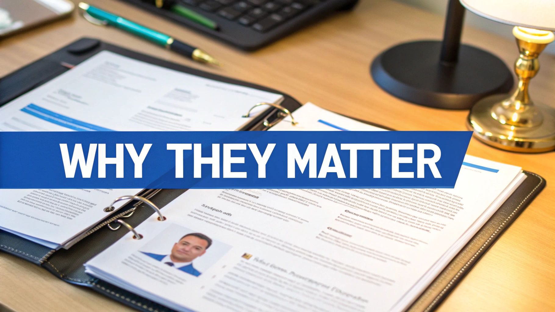 A hiring manager reviewing a candidate's file with a magnifying glass, focusing on the reference section.