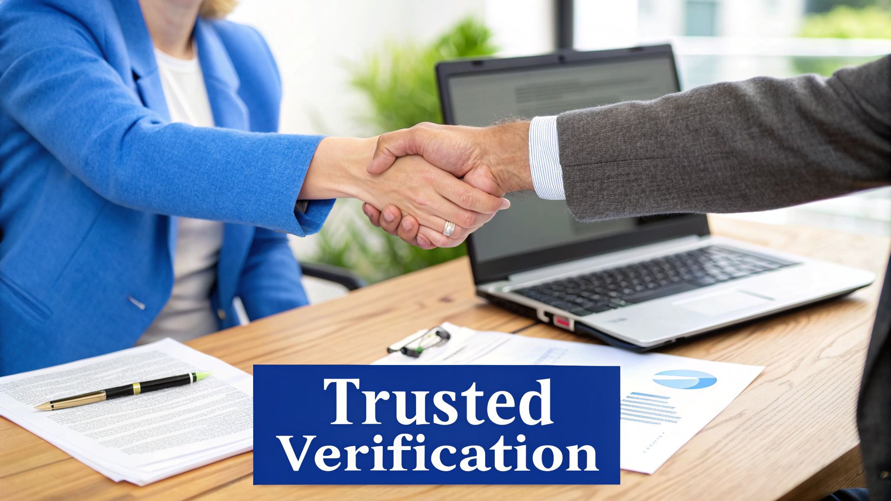 A professional checking documents with a magnifying glass, symbolising detailed verification.