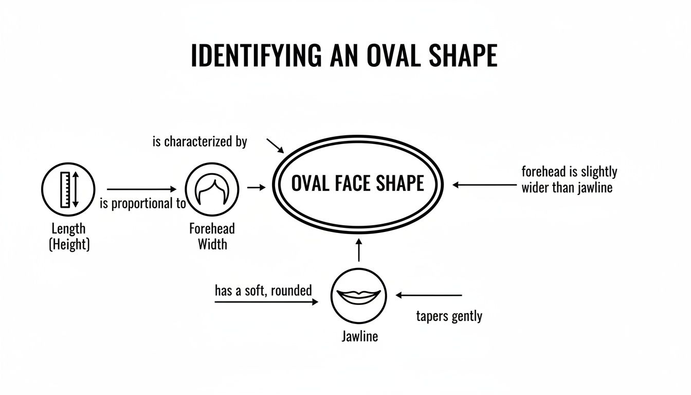 Diagram showing characteristics for identifying an oval face shape, including length, width, and jawline.