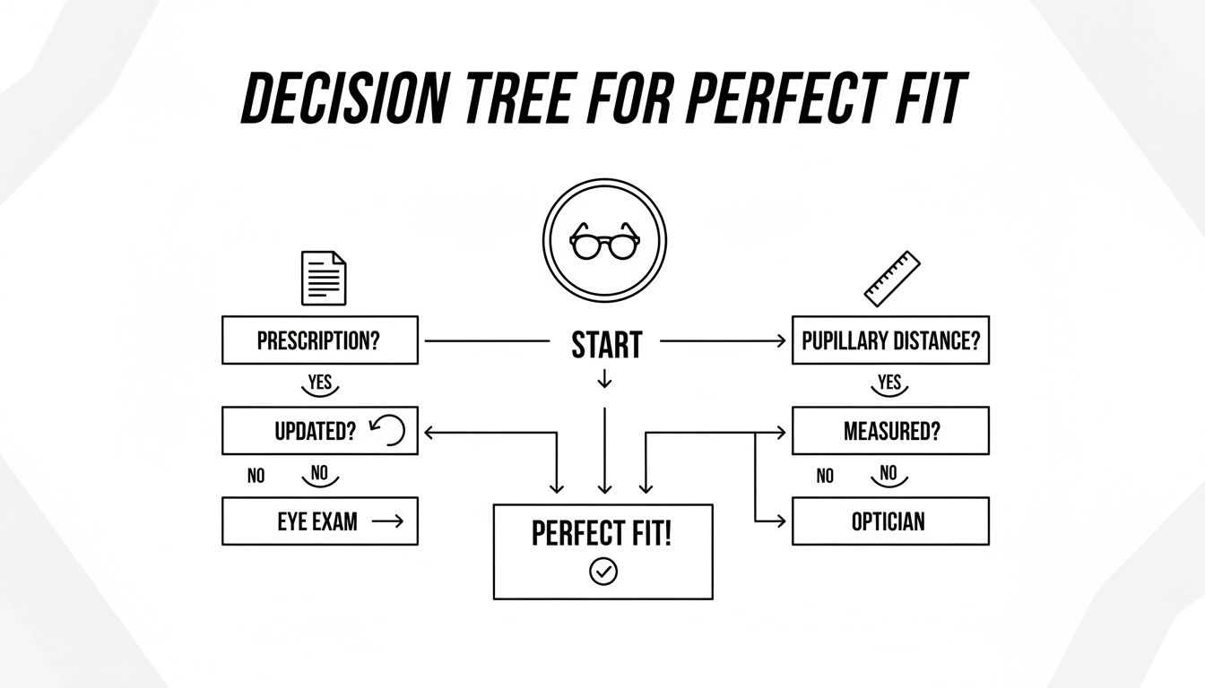 Decision tree for perfect glasses fit, checking prescription, updates, eye exams, pupillary distance, and optician.