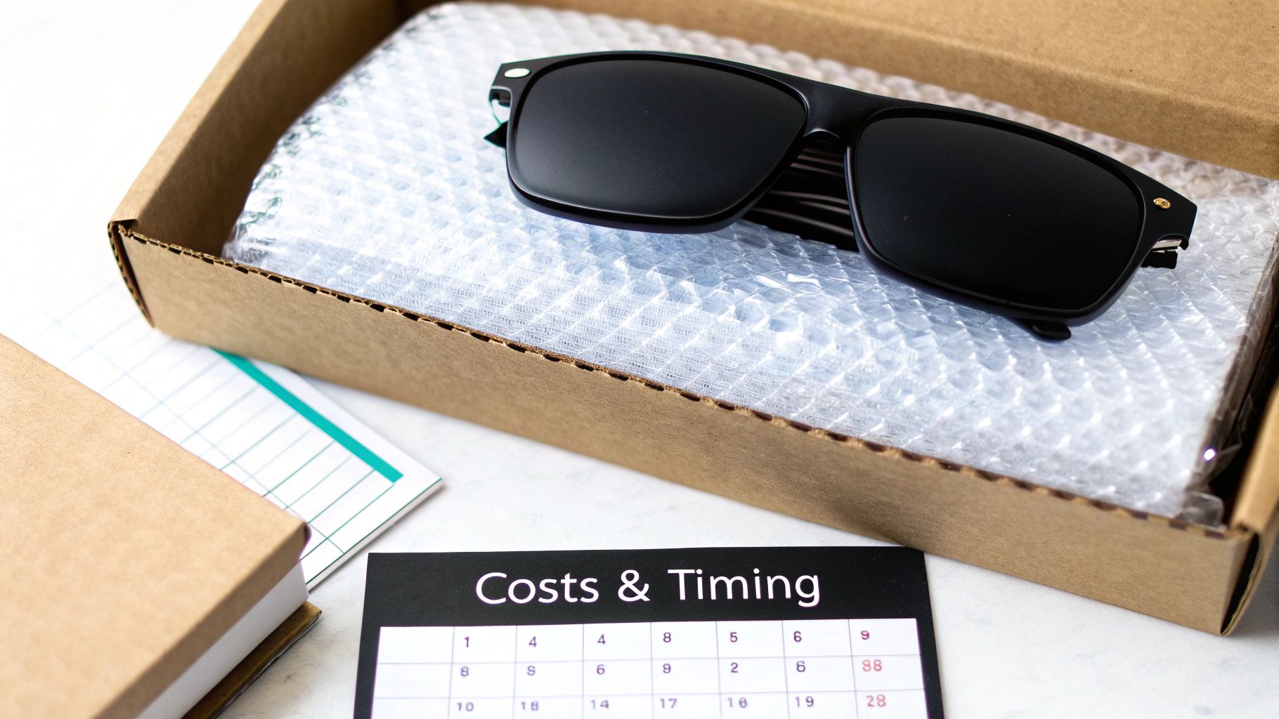 Black sunglasses packaged in bubble wrap inside a shipping box next to a 'Costs & Timing' card.