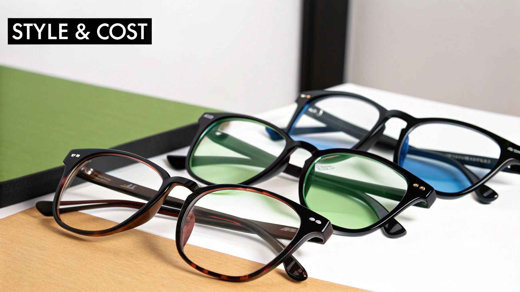 A person's hand holding up a pair of stylish glasses with custom-coloured photochromic lenses.
