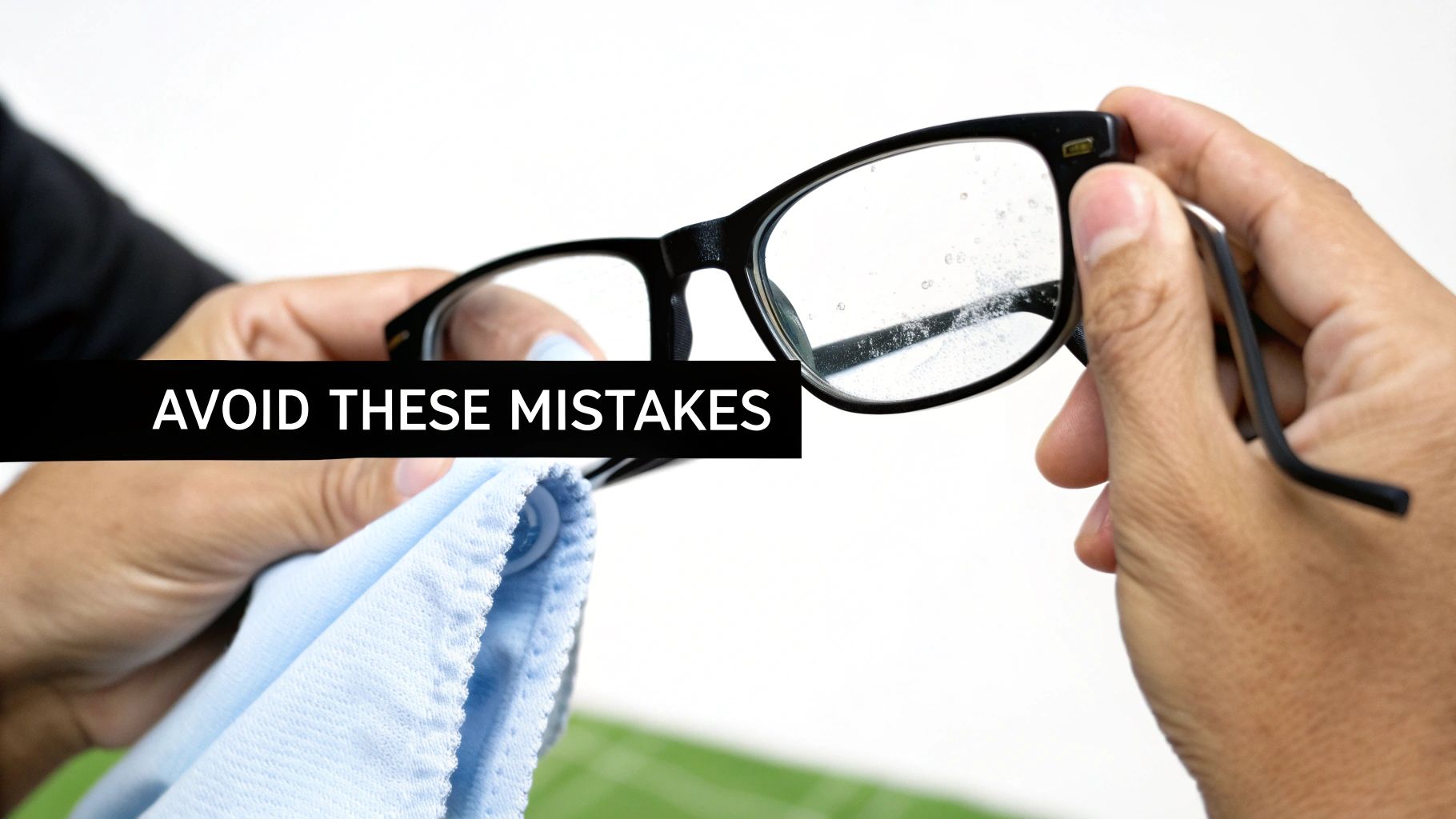 A person's hands holding dirty, smudged eyeglasses and a blue cleaning cloth, with a banner 'AVOID THESE MISTAKES'.