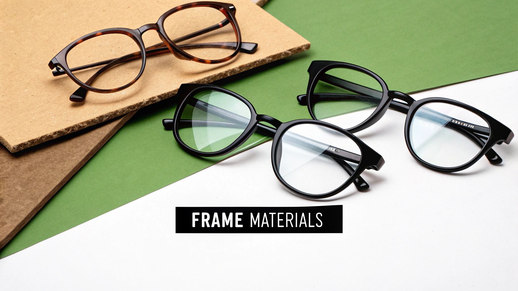 Three stylish pairs of eyeglasses with black and tortoiseshell frames on brown, green, and white surfaces, highlighting frame materials.