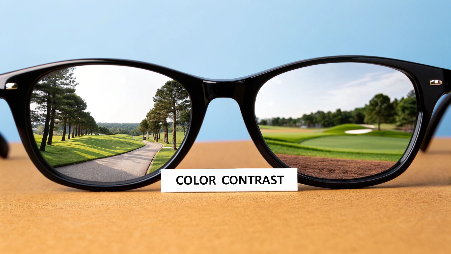 Black eyeglasses demonstrating enhanced color contrast and clarity when viewing a vibrant golf course, with a 'COLOR CONTRAST' sign.