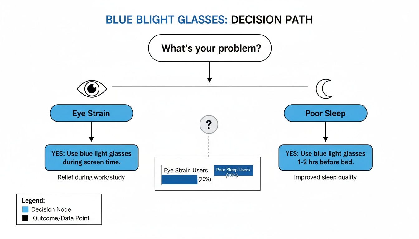 A decision path flowchart illustrating how blue light glasses can alleviate eye strain and improve sleep quality.