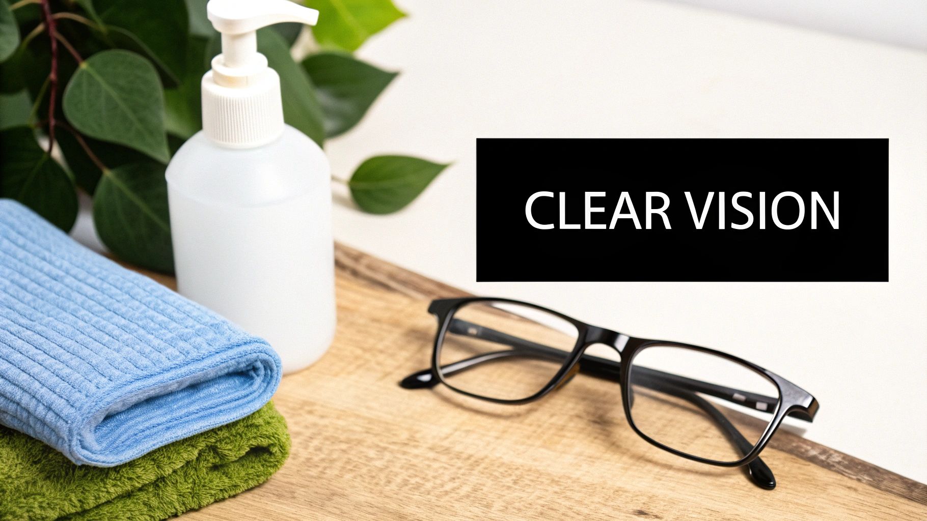 A white pump bottle, blue and green microfiber cloths, and black reading glasses on a wooden surface.