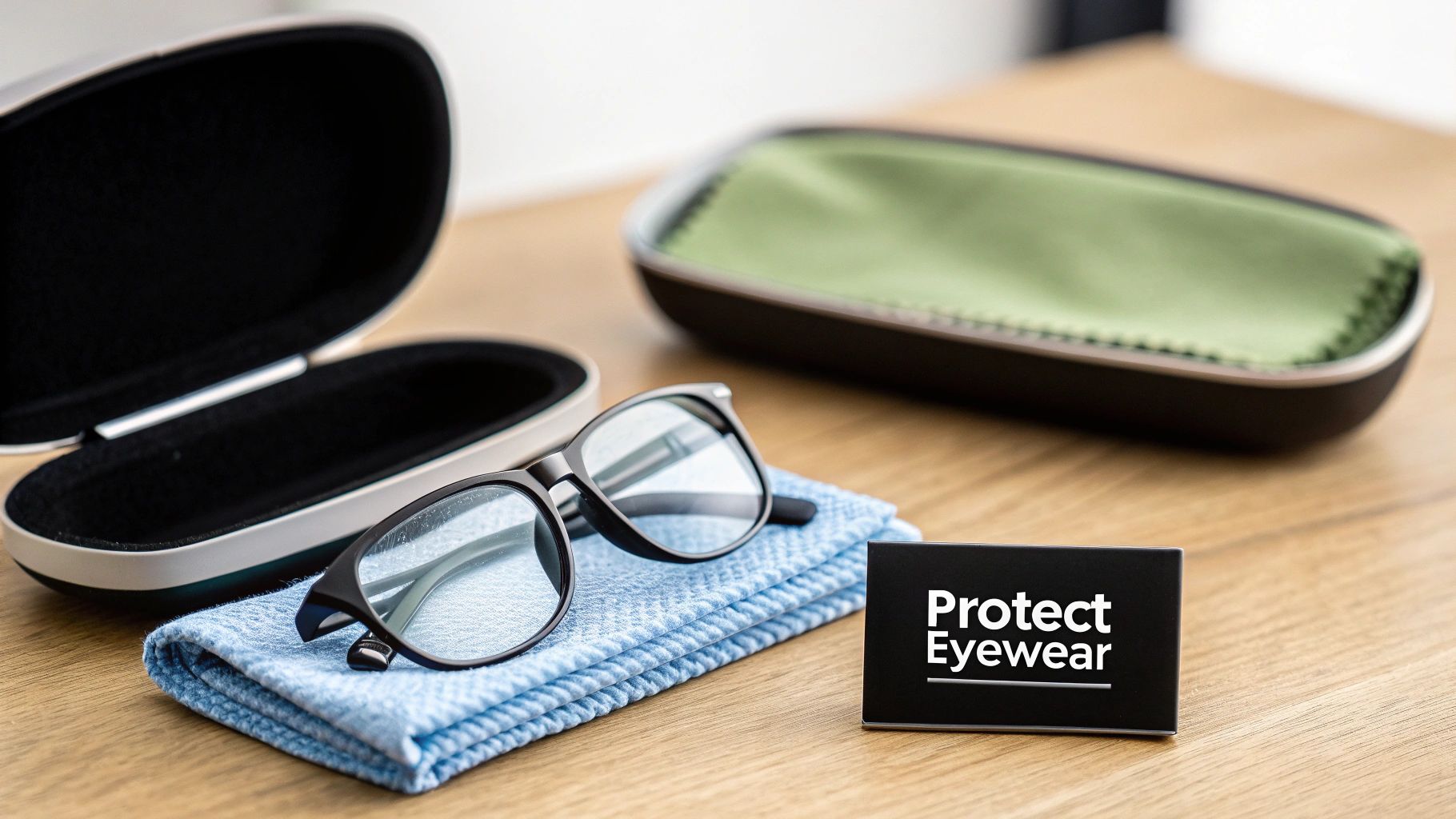 Eyeglasses on a blue cleaning cloth with open and closed cases, next to a 'Protect Eyewear' sign on wood.