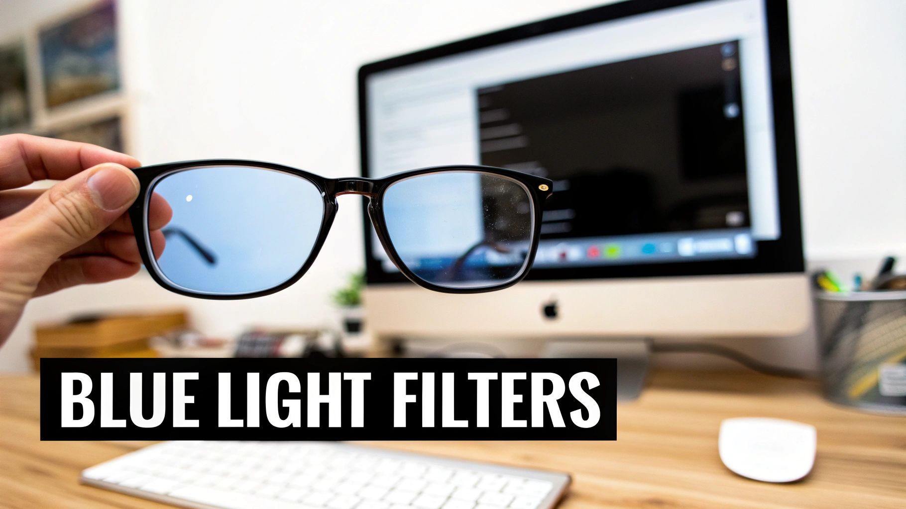 Close-up of a person's eye reflecting a computer screen, with a blue light filter effect.