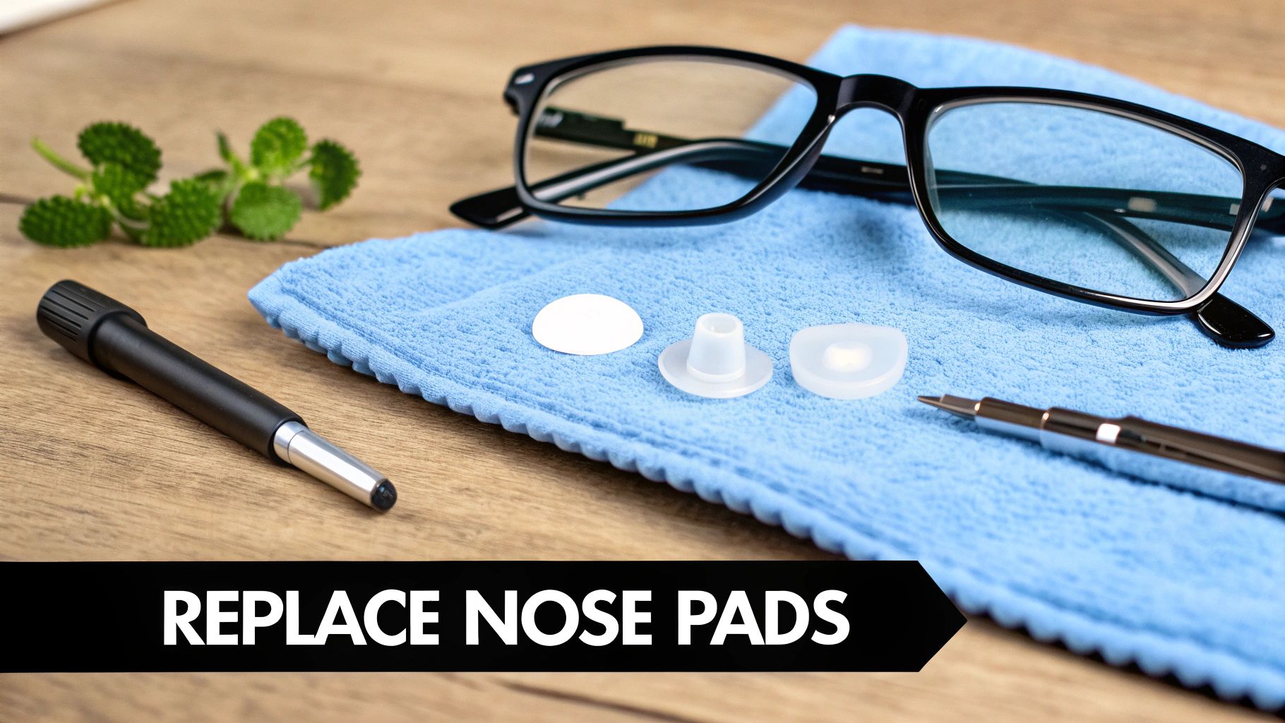 A close-up of glasses, various replacement nose pads, and tools on a blue microfiber cloth.
