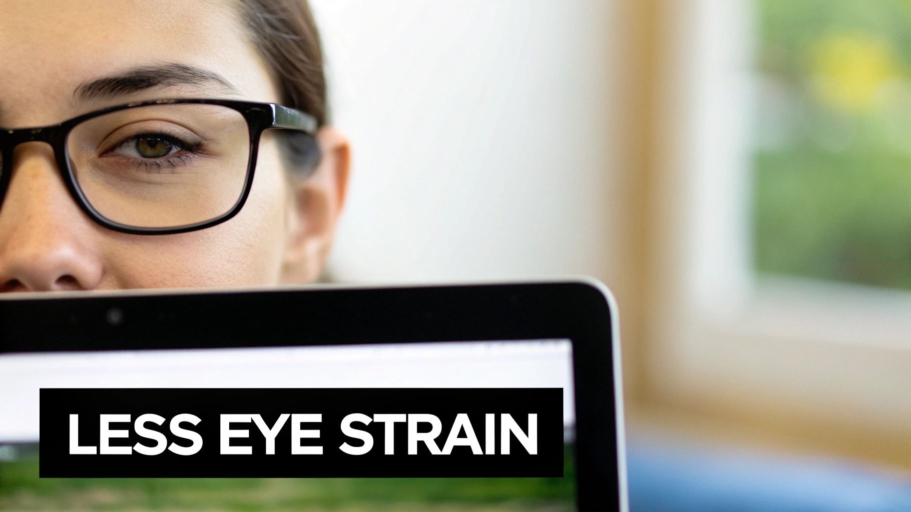 A person comfortably working on a laptop while wearing blue light glasses