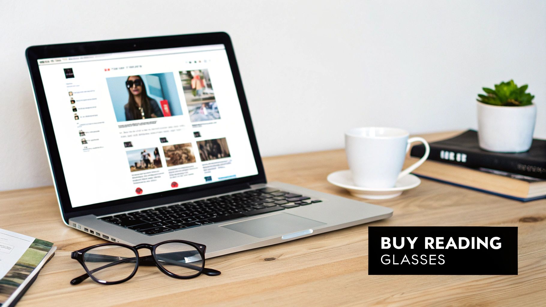 Reading glasses on a wooden desk with an open laptop, coffee cup, books, and a plant.